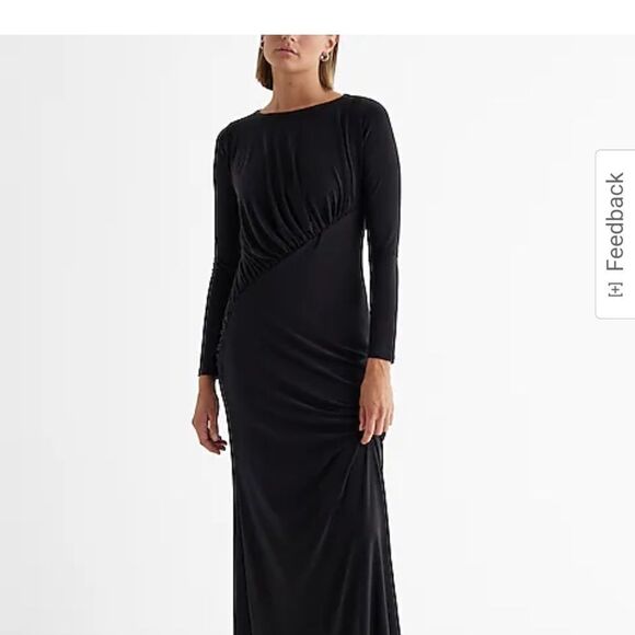 Express Black Ruched Maxi Gown with Long Sleeves and Bateau Neckline - Picture 1 of 5